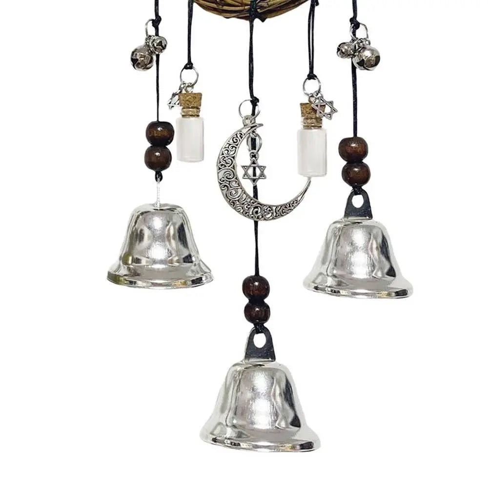 A hanging wind chime made of silver bells and beads used as a witch bells door hanger.