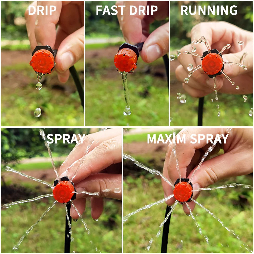 Demonstration images showing different application methods of a portable micro drip irrigation kit: drip, fast drip, running,