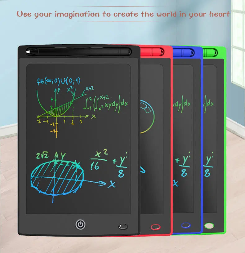 A set of five black, red, blue, and green 12-inch LCD writing tablets displaying mathematical equations and drawings.