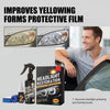 A man is looking at a car headlight while a bottle of headlight restoration kit is displayed.