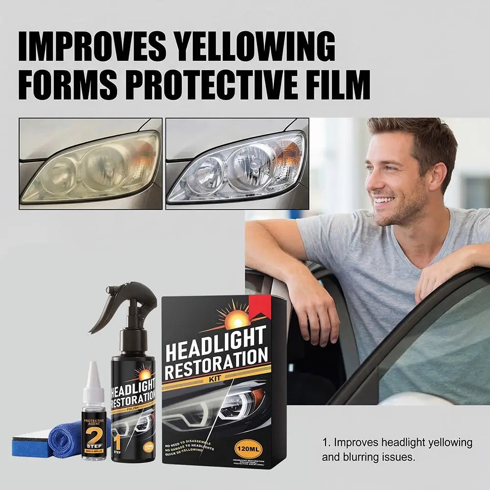 A man is looking at a car headlight while a bottle of headlight restoration kit is displayed.
