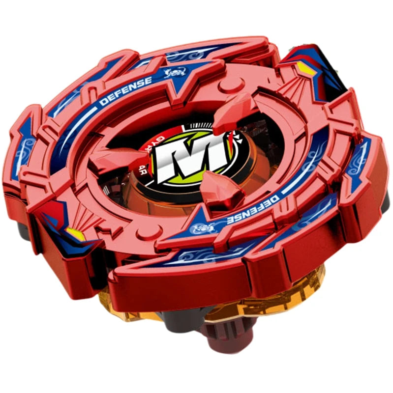 A red and blue precision metal spinning top with a central black and yellow emblem.