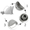Three views of a gray portable reusable urinal funnel for travel and camping