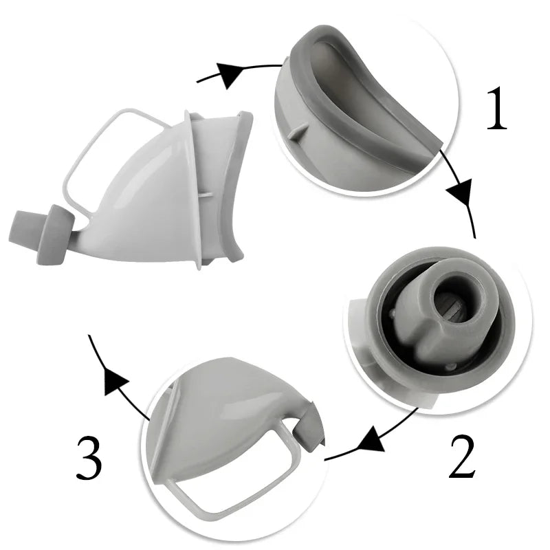 Three views of a gray portable reusable urinal funnel for travel and camping