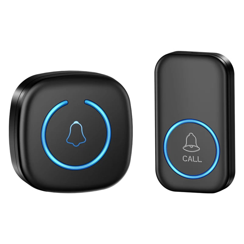 A black wireless doorbell unit showing a call icon on the left and a call icon on the right.