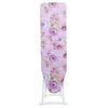 A full-size foldable ironing board with a purple and pink floral pattern on the cover.