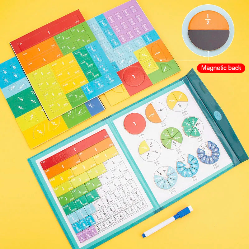 A colorful magnetic wooden fraction learning book with various colored tiles and a magnetic back
