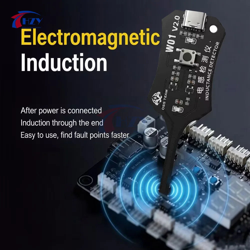 A black electromagnetic induction tool is shown testing a circuit board for faults.