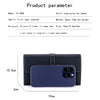 A dark blue women's cowhide leather bifold wallet shown with a smartphone placed on top.