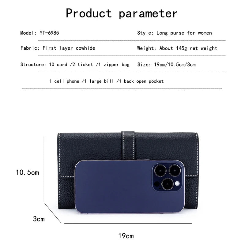 A dark blue women's cowhide leather bifold wallet shown with a smartphone placed on top.