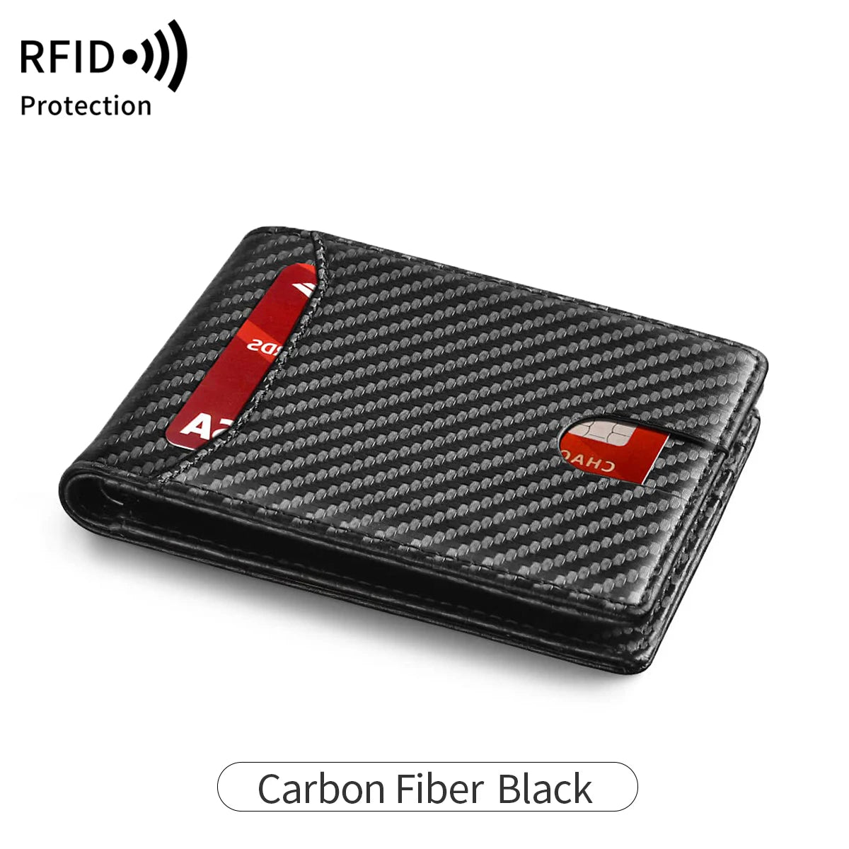Black carbon fiber slim leather bi-fold wallet with RFID protection features
