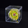 A Valkyrie Volt S4-70V metal spinning top with launcher displayed inside a clear plastic box.