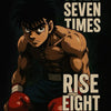 A dynamic illustration of a boxer with dark hair and muscular build, featuring the text FALL SEVEN TIMES RISE EIGHT.