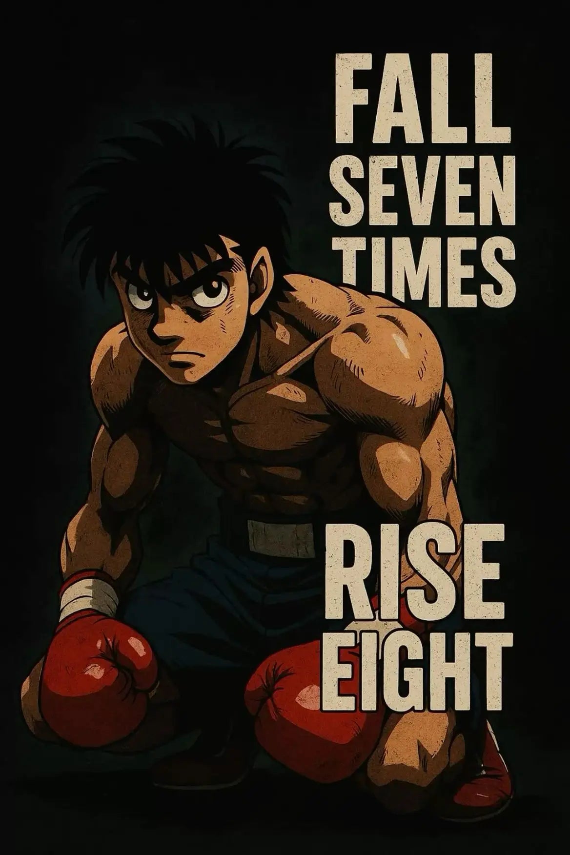 A dynamic illustration of a boxer with dark hair and muscular build, featuring the text FALL SEVEN TIMES RISE EIGHT.
