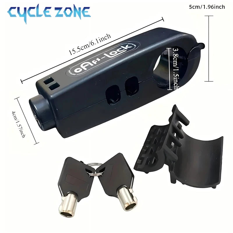 A black compact handlebar lock for bikes and scooters, shown with various attachment options.