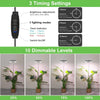 Diagram showing three timing settings, ten dimmable levels, and various lighting modes for a full spectrum LED grow light.