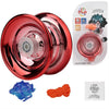 A shiny red aluminum yo-yo with a clear center and an orange cord is shown next to its packaging.