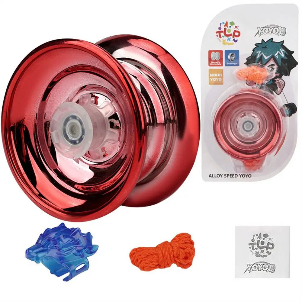 A shiny red aluminum yo-yo with a clear center and an orange cord is shown next to its packaging.