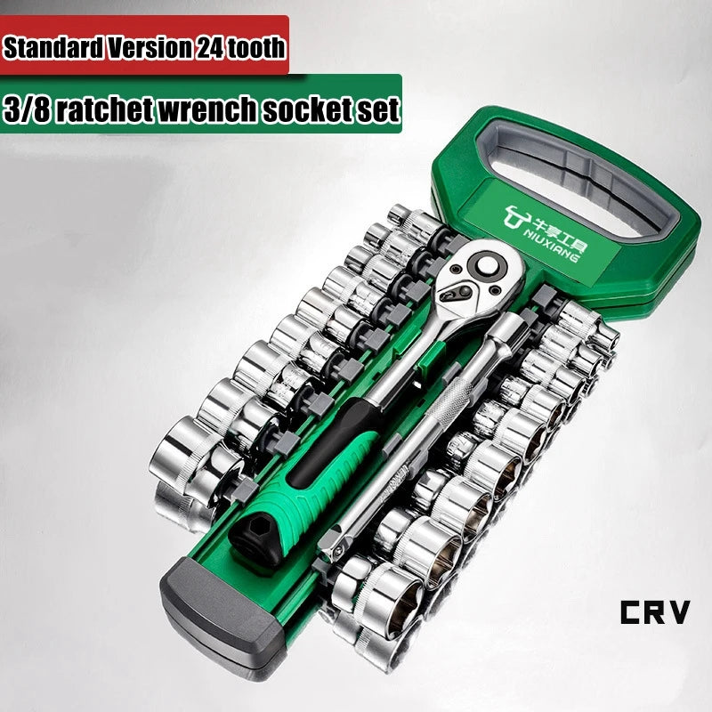 A green tool case containing a standard version 24 tooth 3/8 ratchet wrench socket set with chrome vanadium tools.