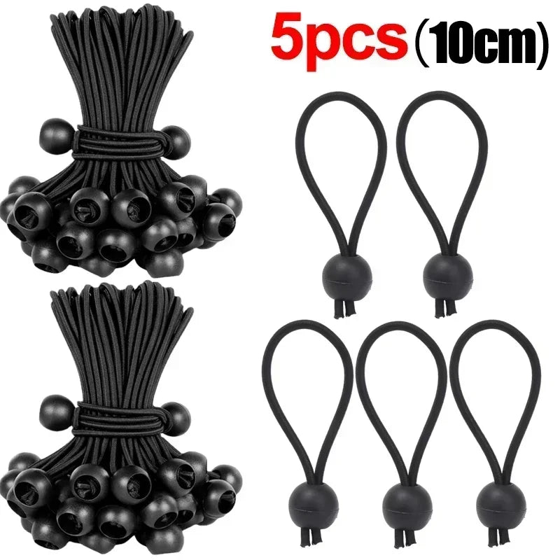 Five packs of heavy duty black bungee cords with elastic ball ends, 10 centimeters long.
