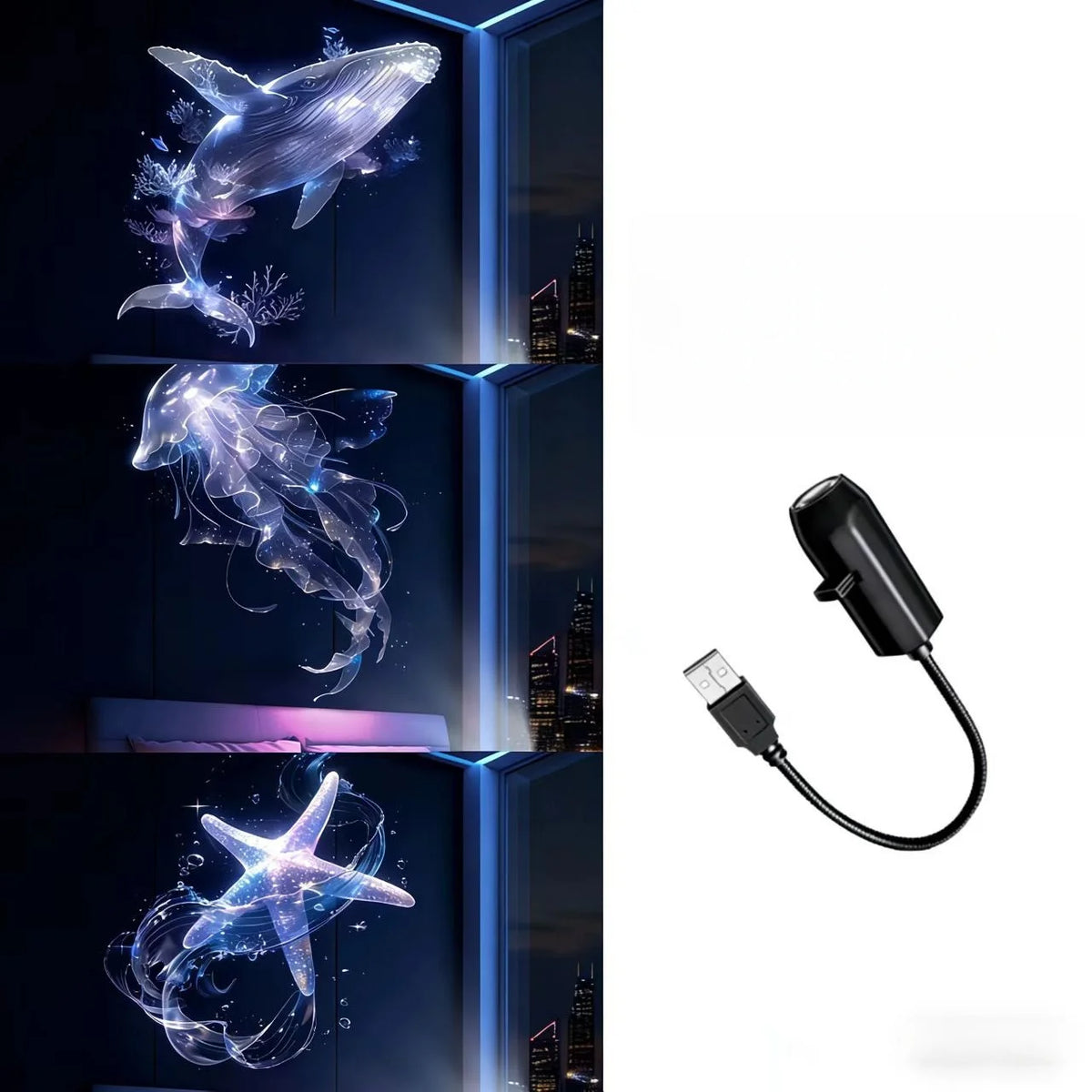 LED USB projector light displaying glowing whale, butterfly, and starfish patterns on a dark background