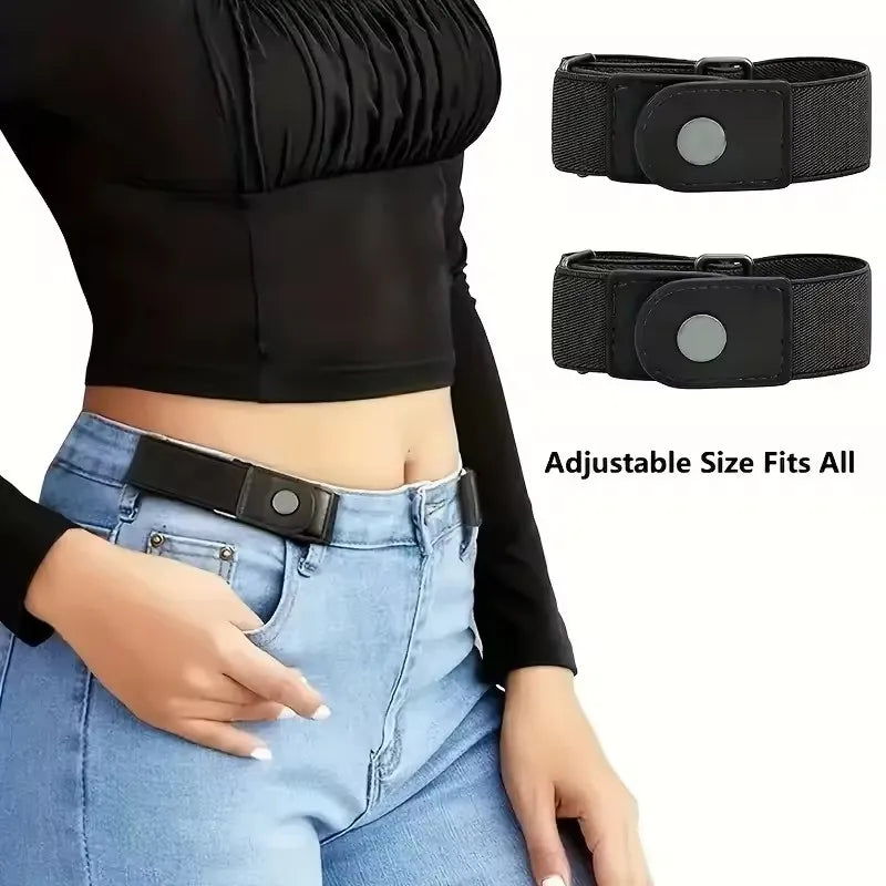 Black elastic no-buckle belts shown on a torso and separate, adjustable belt straps.