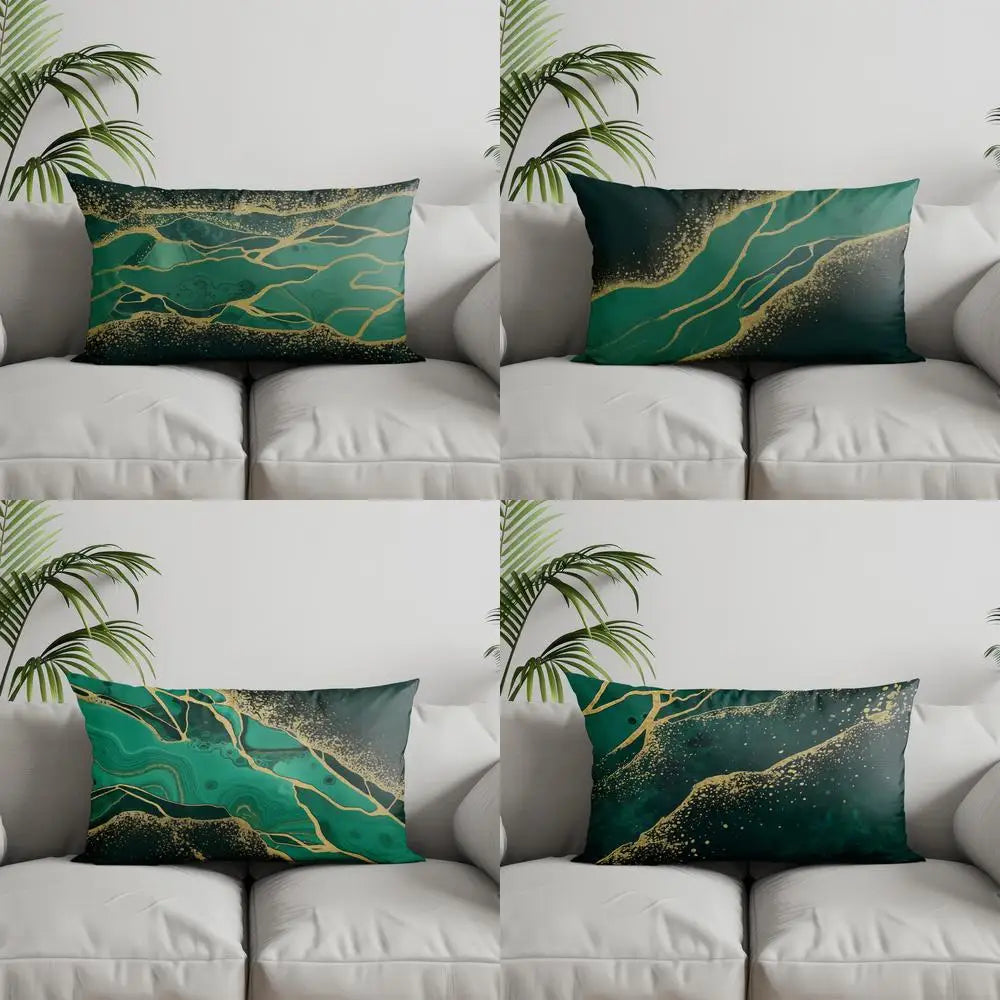 A set of modern geometric decorative pillowcases featuring a dark teal background with flowing gold lines and foliage pattern