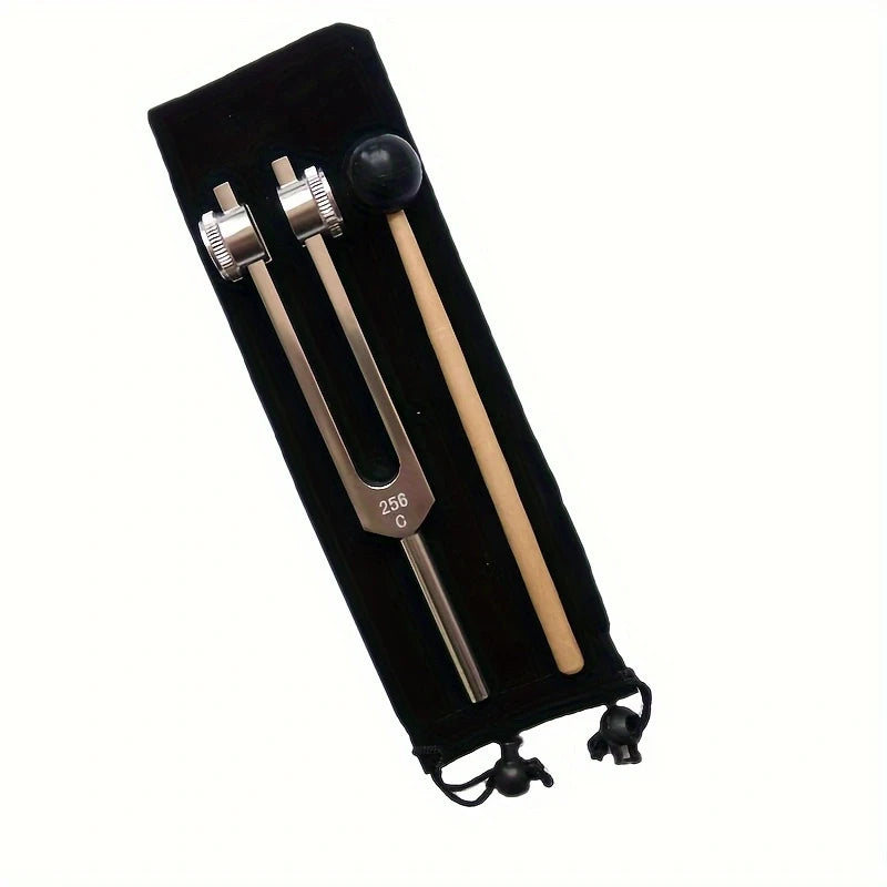 A black case holding a set of tuning forks, including 256Hz and C frequency forks.