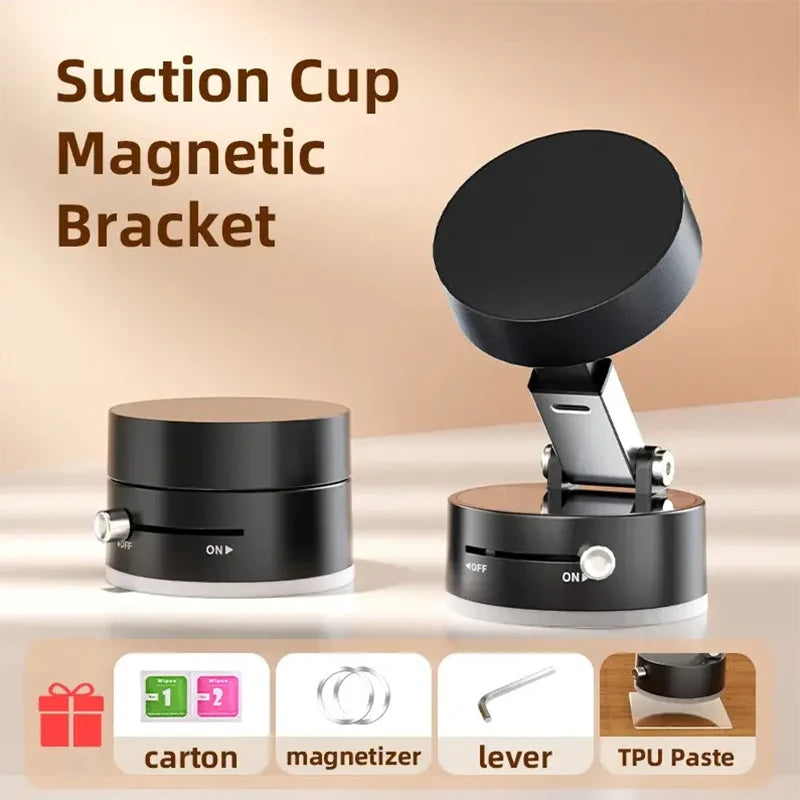 A black suction cup magnetic bracket product shown with its components including a carton, magnetizer, lever, and TPU paste.