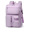 A light purple travel backpack with multiple compartments and a laptop sleeve.