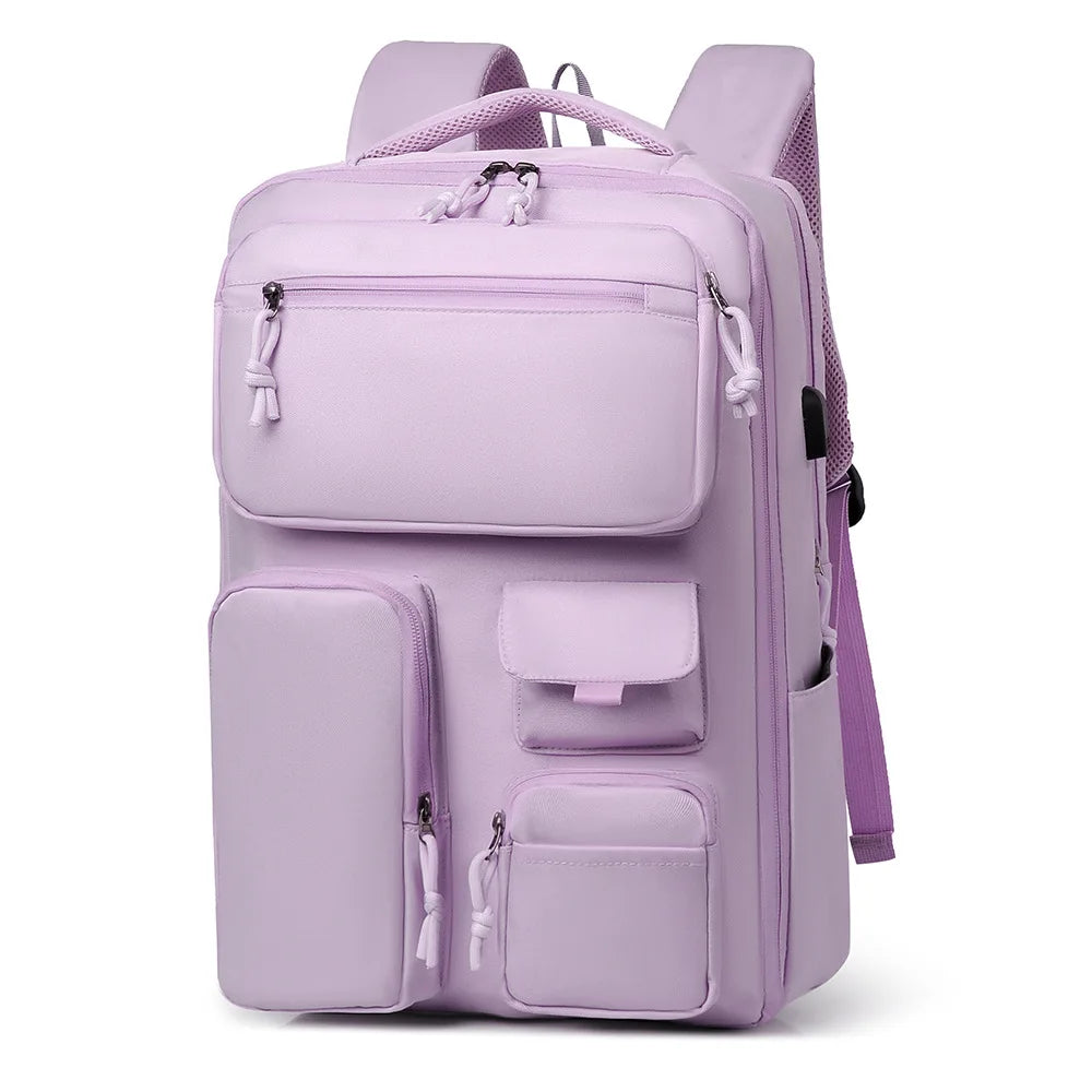 A light purple travel backpack with multiple compartments and a laptop sleeve.