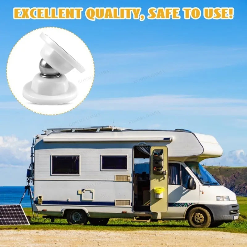A white RV with a magnetic door catch installed, featuring an excellent quality and safe to use product.