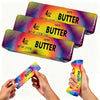 Several rectangular squishy butter fidget toys in various colors are shown being held by hands.