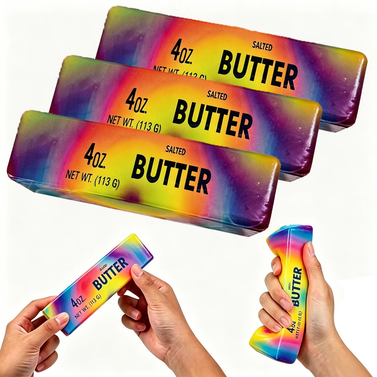 Several rectangular squishy butter fidget toys in various colors are shown being held by hands.