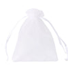 A white organza drawstring gift bag with long ties, used for storing small items.