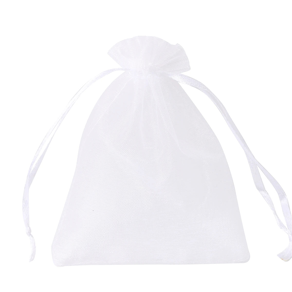 A white organza drawstring gift bag with long ties, used for storing small items.