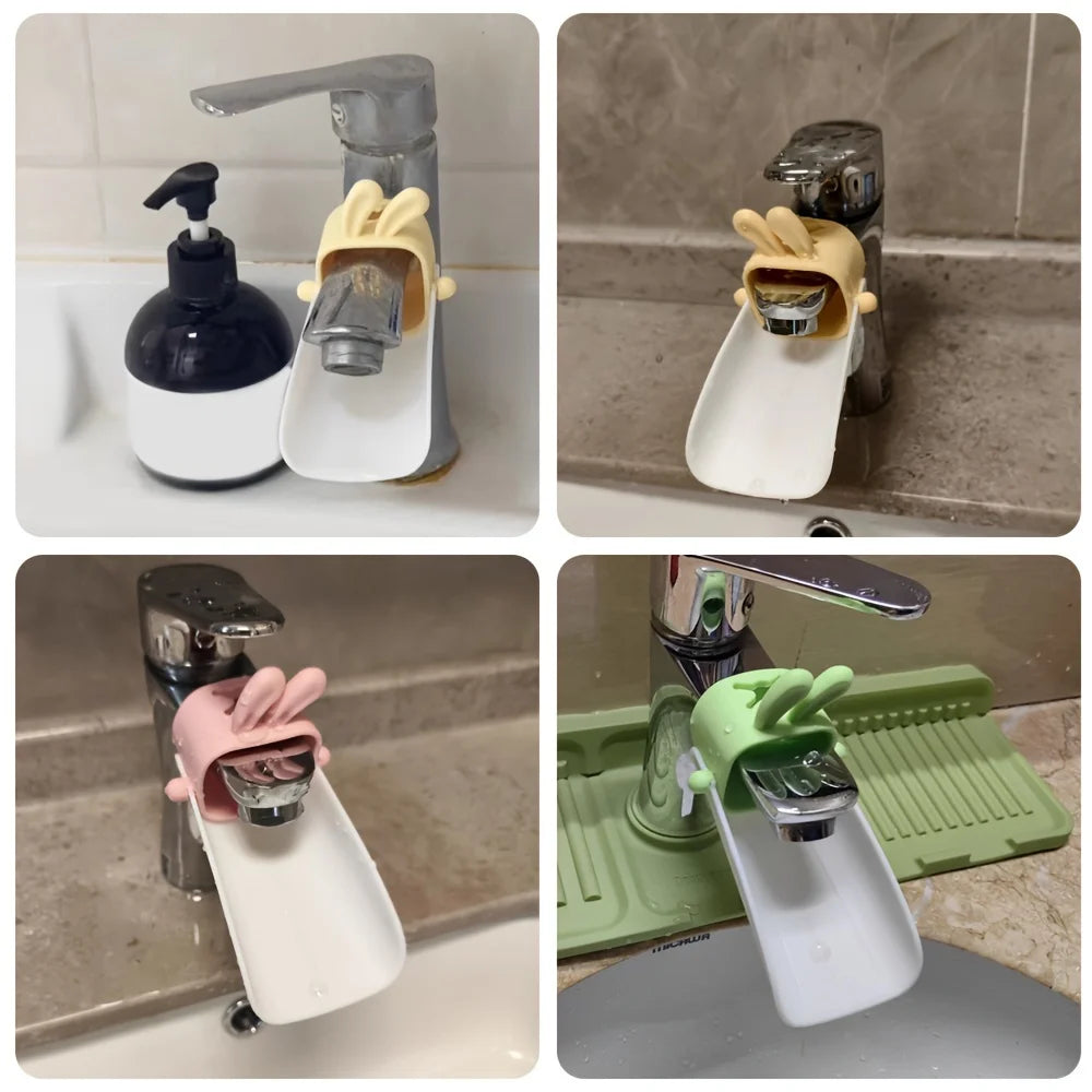 A collection of rabbit-themed anti-splash faucet extenders for kids in various colors and styles.