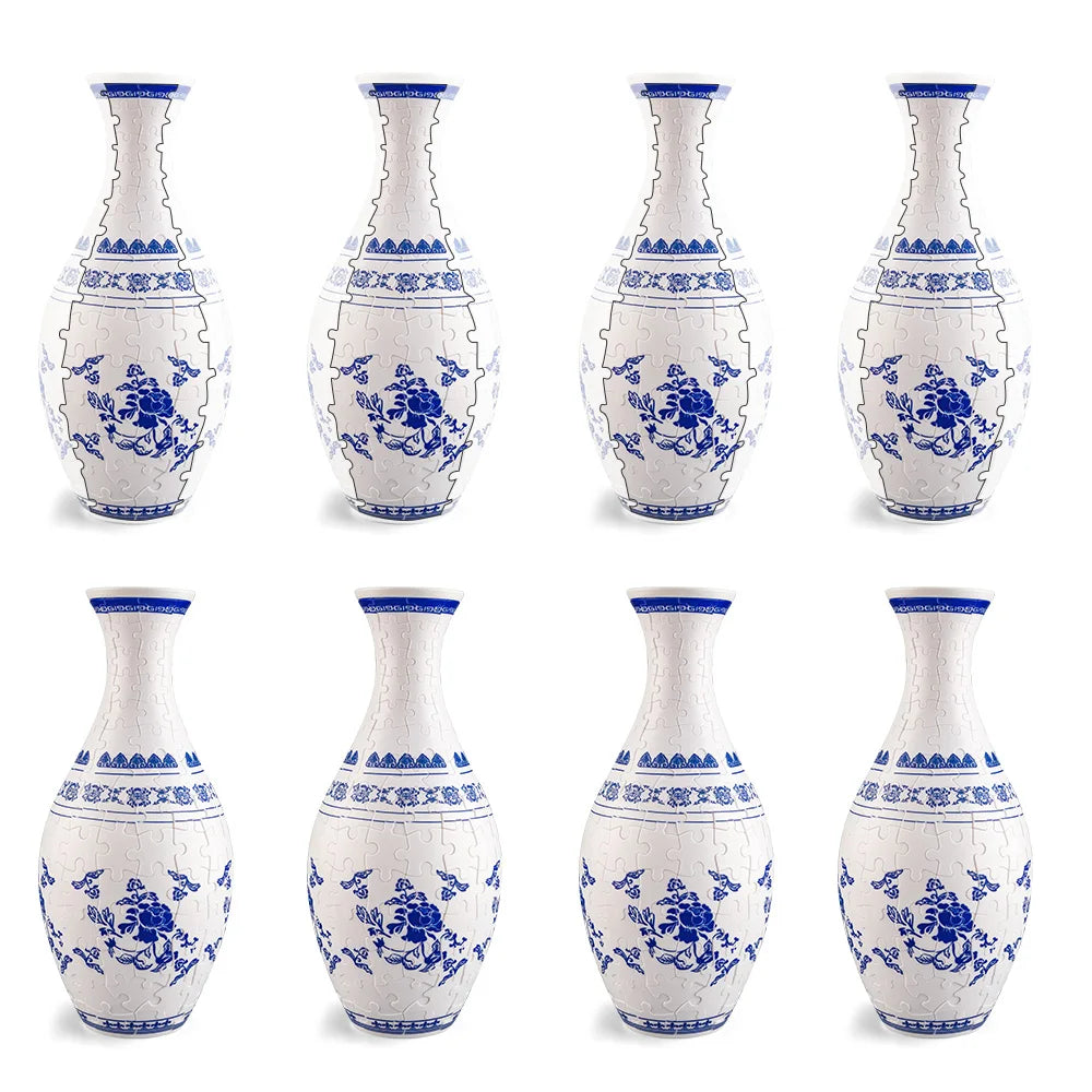 A set of white ceramic puzzle vases with blue floral patterns and spouts.