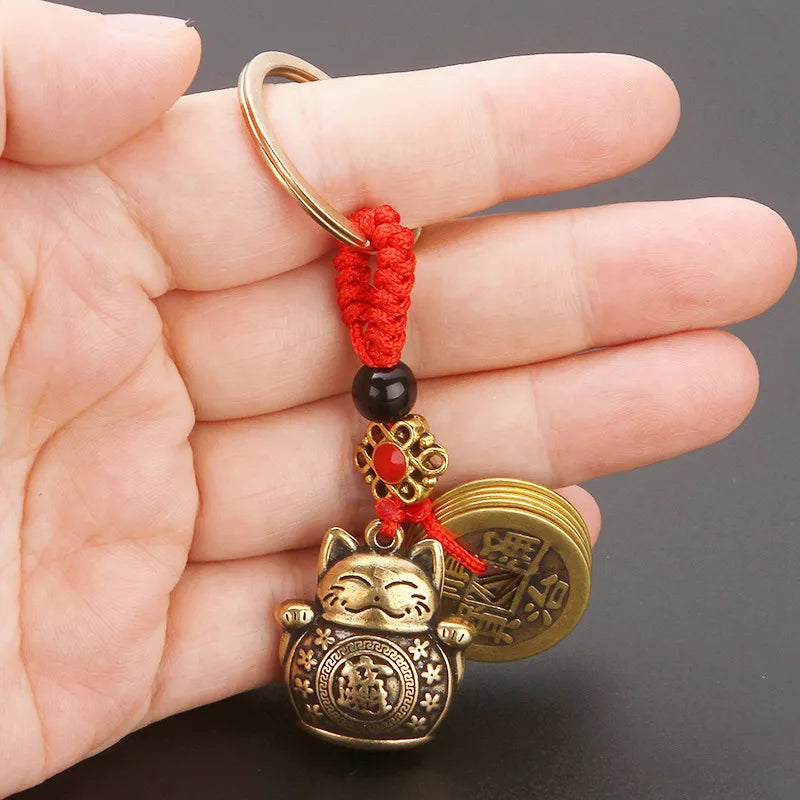 Vintage Lucky Cat Keychain with Five Emperors Coins