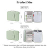 A padded laptop sleeve bag in light green, shown with various size options and dimensions.