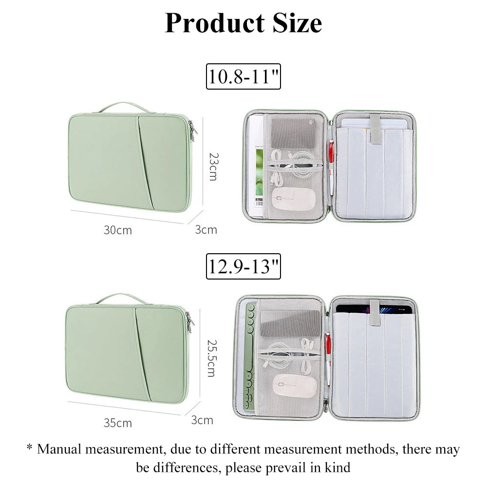 A padded laptop sleeve bag in light green, shown with various size options and dimensions.