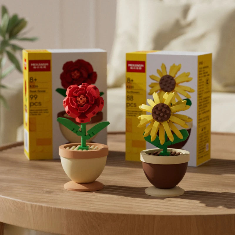 A set of flower pot building blocks featuring roses, sunflowers, and carnations in yellow and red colors.