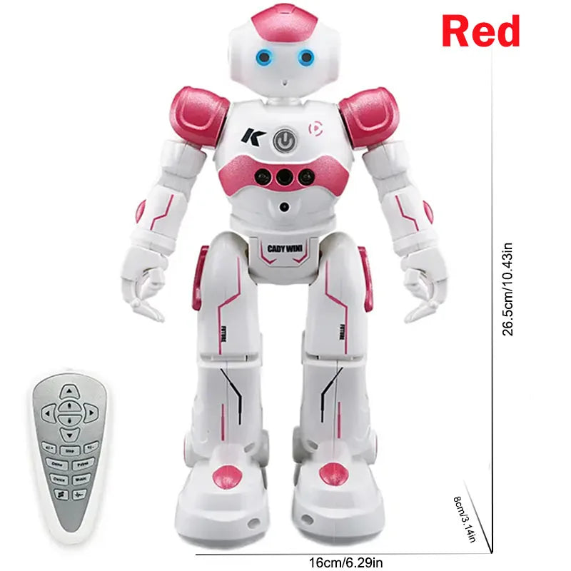 A white interactive gesture-control robot with pink accents and a remote control visible.