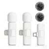 White wireless lavalier microphone with fuzzy windscreen shown in three views