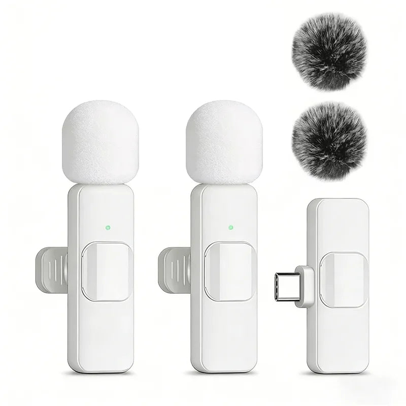 White wireless lavalier microphone with fuzzy windscreen shown in three views