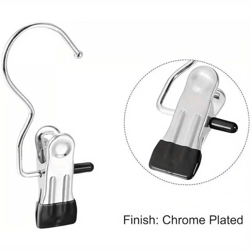 Chrome plated stainless steel clothespins with hooks for space-saving laundry drying