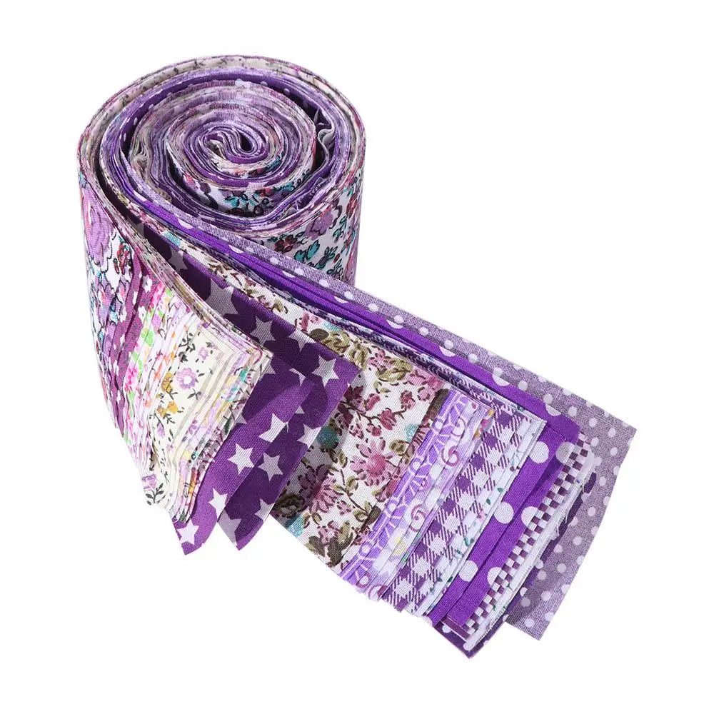 Roll of 40 floral cotton fabric strips in purple and white for quilting and patchwork