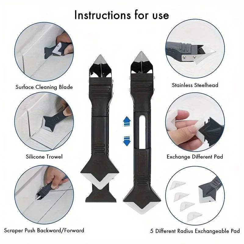 Instructions for use of a scraper push backward/forward tool with a stainless steel head and silicone trowel.