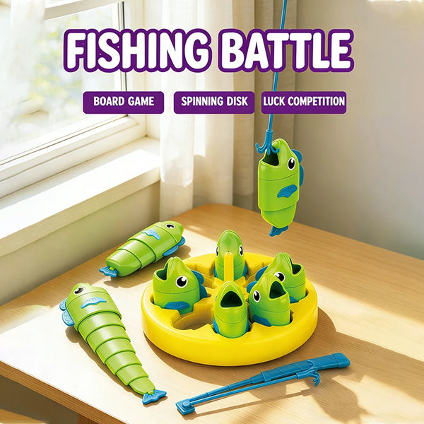 A yellow board game fishing battle featuring green plastic fish and a spinning disk.
