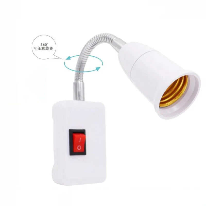 White lamp holder extension adapter with a switch and a threaded light socket.